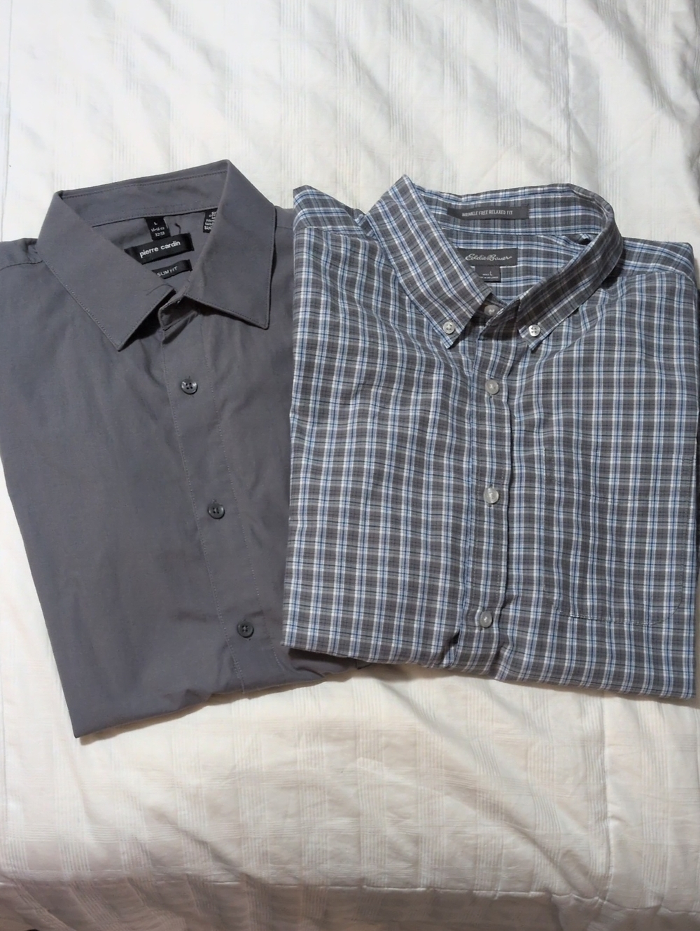 Eddie Bauer Men's Gray/Blue Plaid Shirt and Pierre Cardin Men's Solid Gray (L)